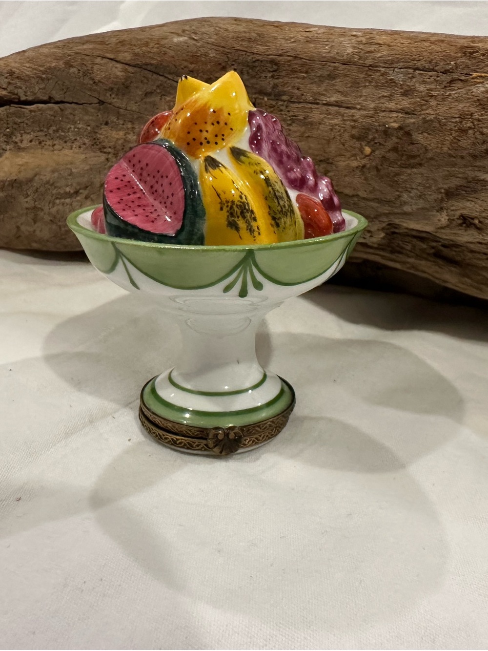 Limoges Hand-Painted Ceramic Fruit Compote in Green and Multicolor